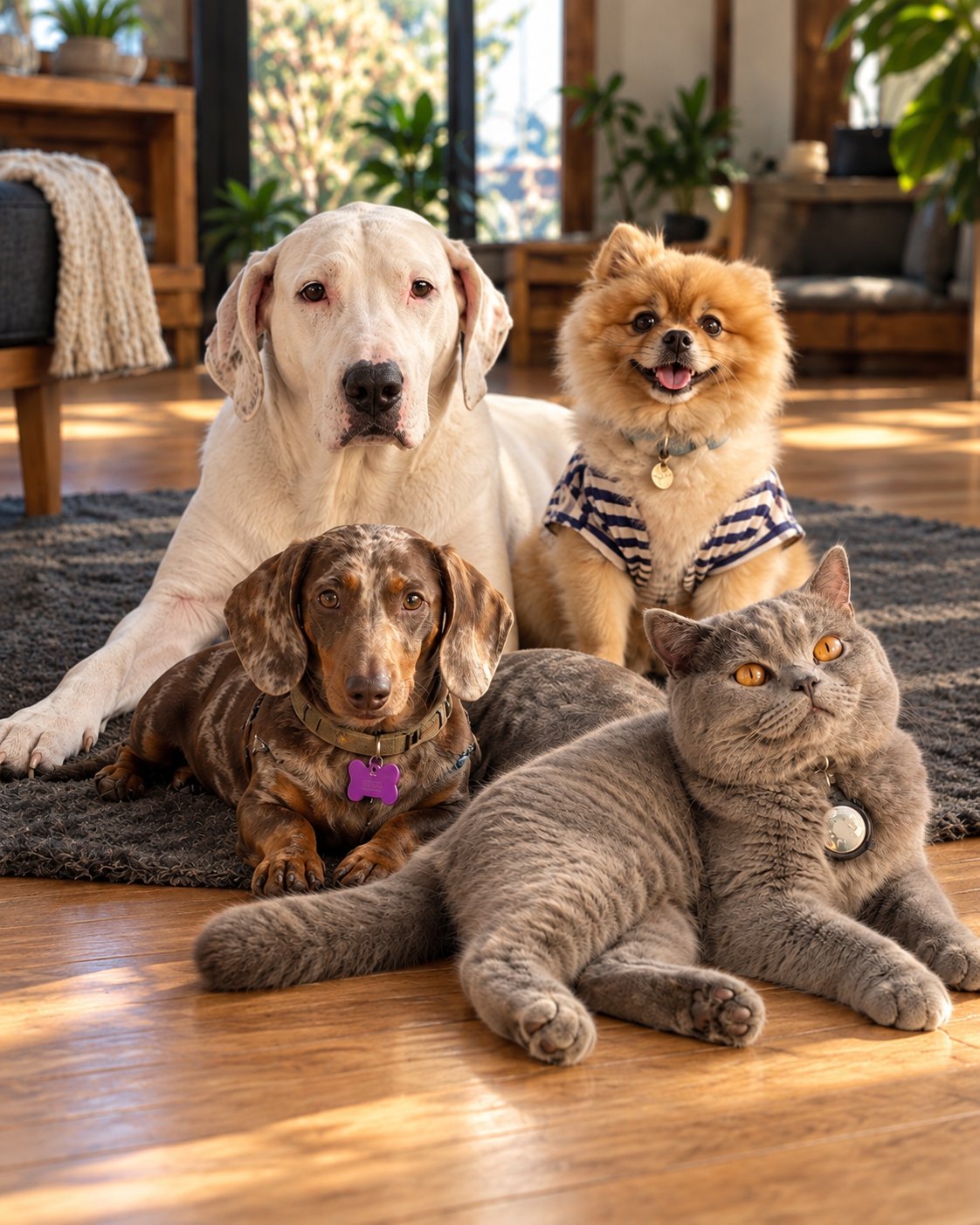 Cuatro mascotas sentadas juntas dentro de una casa moderna: un labrador blanco, un perro salchicha marrón, un pomerania con ropa de rayas y un gato gris